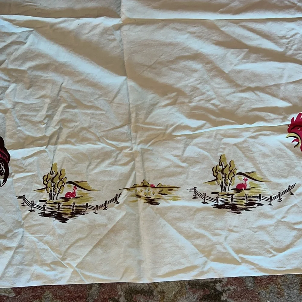 Vintage California Hand Prints Roosters tablecloth 50” x 66”